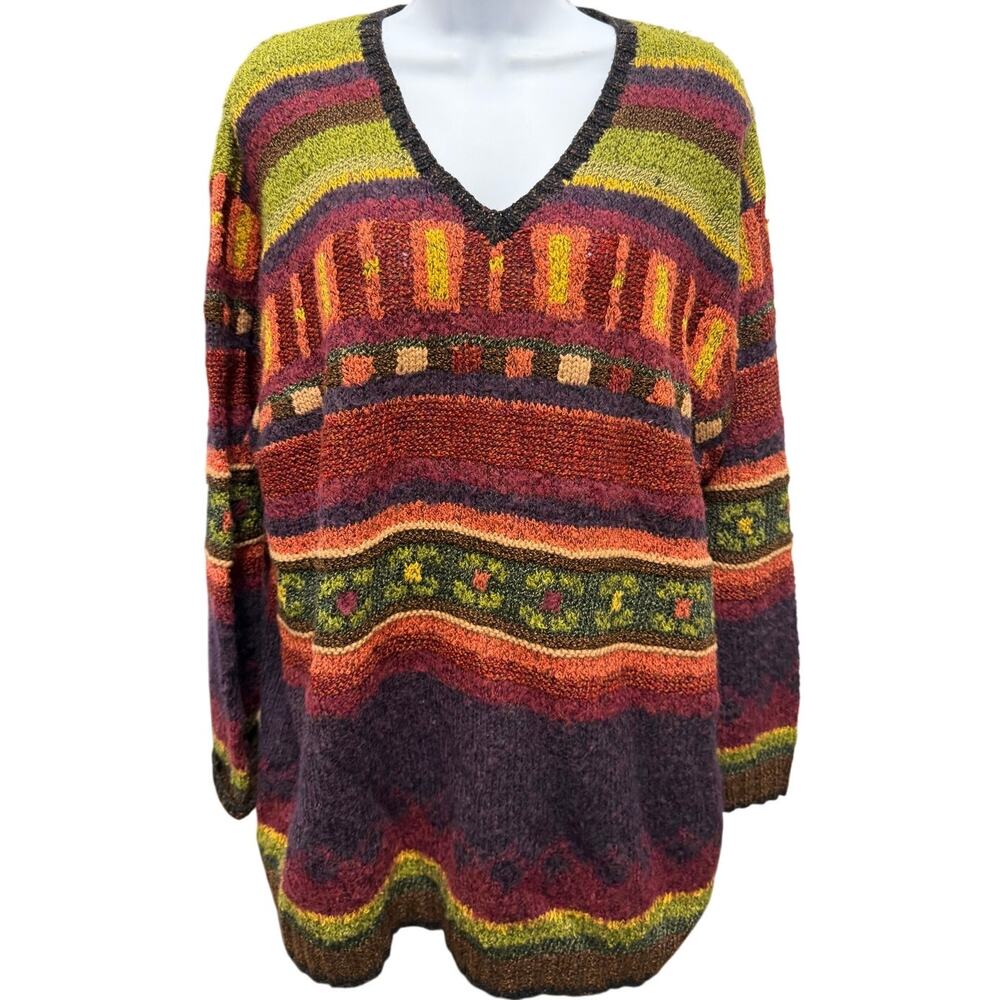 VTG 90's Susan Bristol Womens L Sweater wool Clock Red multicolor oversized